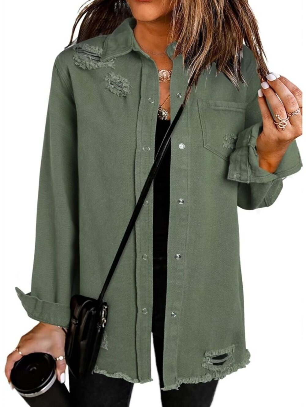 Women's Green Denim Button Down Oversized Distressed Boyfriend Jean Jacket
